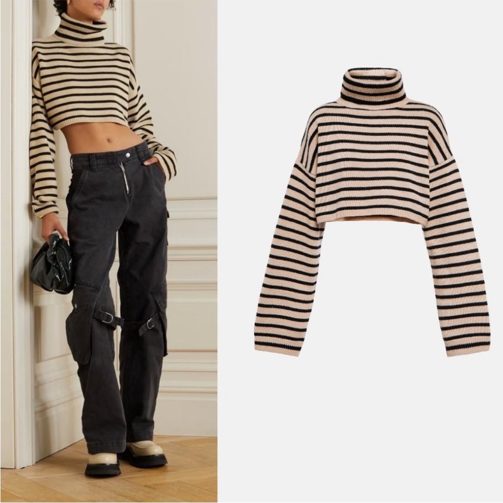 The Frankie Shop Athina Turtleneck Cropped Sweater in Beige Stripe Medium Large